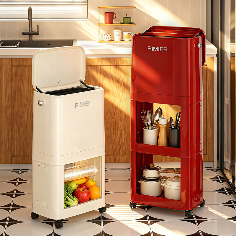 Retro-style tall trash can for kitchen use, with wheels, multi-layer storage, and a lid, designed to prevent bending over and featuring a push-button opening mechanism Retro-style tall trash can for kitchen use, with wheels, multi-layer storage, and a lid, designed to prevent bending over and featuring a push-button opening mechanism
