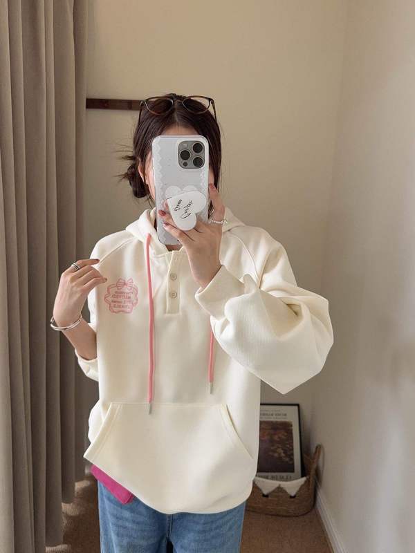 韩代柔美刺绣徽标半开襟连帽插肩袖卫衣女秋季新款宽松百搭长袖|undefined