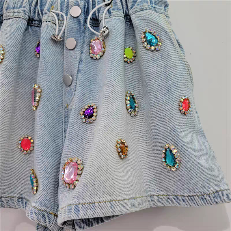 Pantalones Cortos de Mezclilla de Talle Alto y Pierna Ancha, Mezclilla, Cintura Elástica