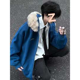 【华棉复合银狐绒】新款蓝色大毛领卫衣男女秋冬加绒加厚宽松重磅