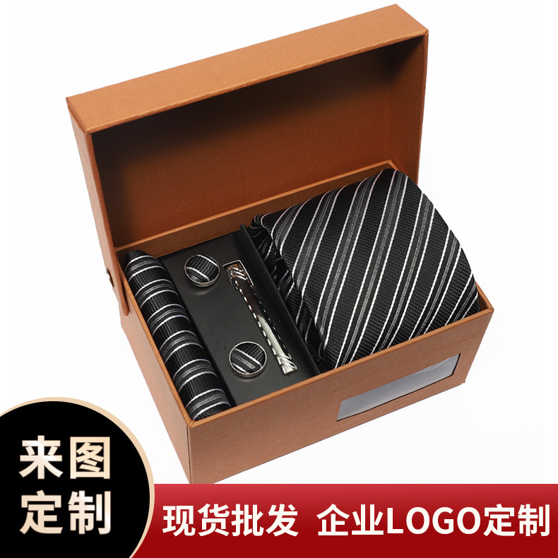 New Men's Gift Box Tie Striped Square Scarf Set Hand-Tied Tie 8cm Pure Black Tie Men's High-End Style