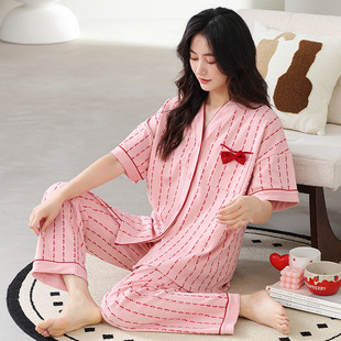 Pajamas Women's Summer Pure Cotton Short-sleeved Trousers Japanese-style Kimono Collar Thin Home Clothes Cardigan Sweet Cute Pajamas Women