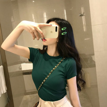牛油果绿短袖t恤女2022夏季新款纯色韩版修身抹茶绿紧身上衣