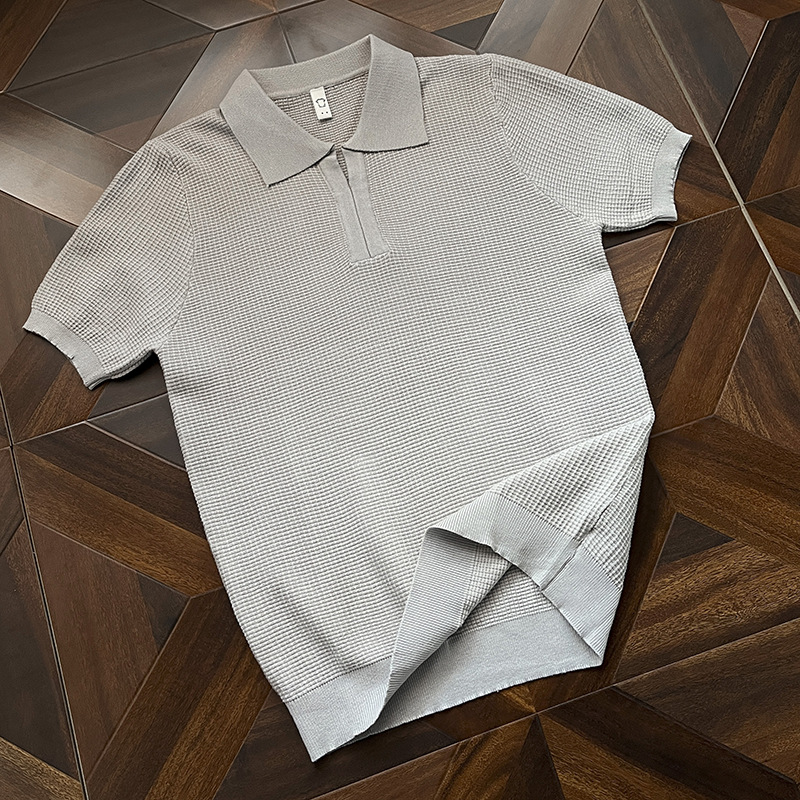 Polo camiseta de punto camiseta de manga corta camiseta hombre cuello en V cuello gaviota sensación de textura viejo dinero viento hielo seda fábrica transfronteriza al por mayor