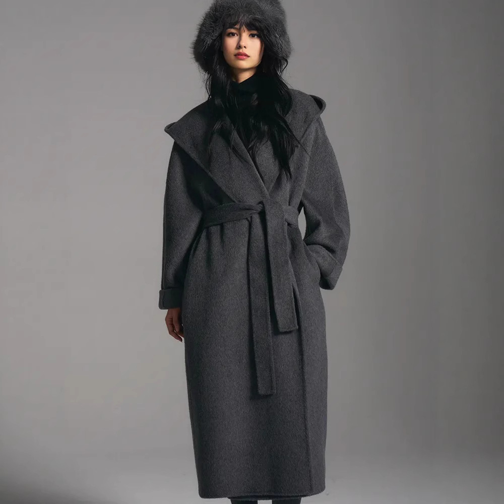 连帽双面羊绒大衣女士秋冬新款中长款加长宽松浴袍羊毛呢外套