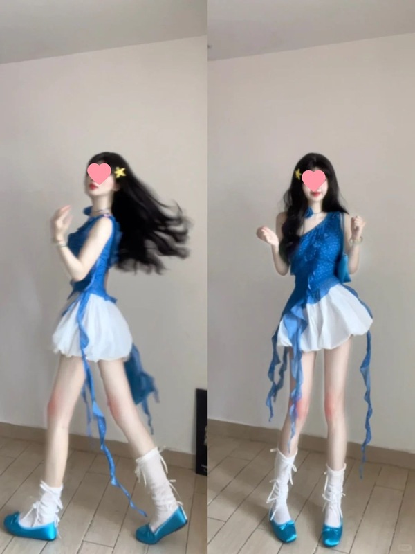 女性用スーツ 2025 夏新作韓国風外国風フリルブルー水玉斜め肩トップスとスカート 2 点セット|undefined