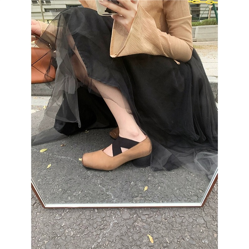 Sheepskin Version ~ Square-Toe Ballet Shoes for Women, Cross Uma Pig Nose Shallow Mouth Retro Flats Thick Heel Flats