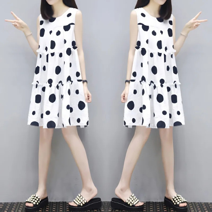 波点连衣裙女2025夏季新款中长款宽松显瘦遮肚无袖背心A字娃娃裙|undefined