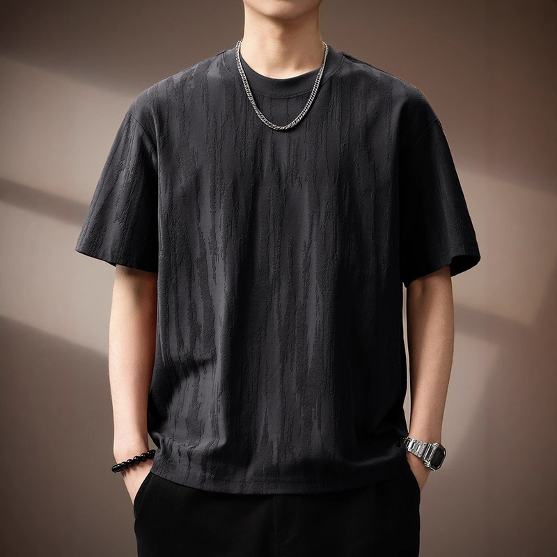Tree Bark Texture Short-Sleeved T-Shirt for Men, Summer Loose Round Neck Casual Textured T-Shirt for Men, Striped Urban Casual
