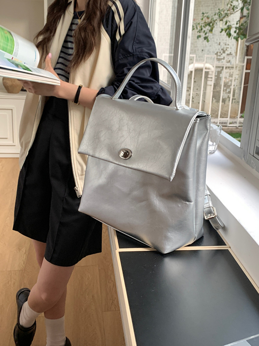 Women's Silver Backpack For College Students Autumn Winter Style_voghion.com