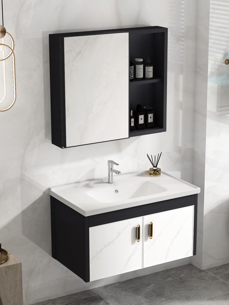 Montado en la pared gabinete de baño de aluminio espacio combinación moderna minimalista lavabo de baño lavabo Mesa de roca placa lavabo piscina