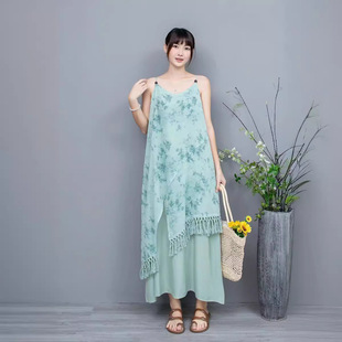 New Irregular Design Sense Large Tassel Slimming Loose Fake Two-piece Plain Simplistic Thin Shoulder Strap Slip Dress