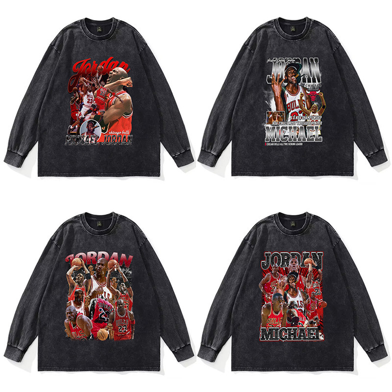 Michael Jordan American retro washed cotton top men's heavy direct injection printed distressed long sleeve round neck T-shirt