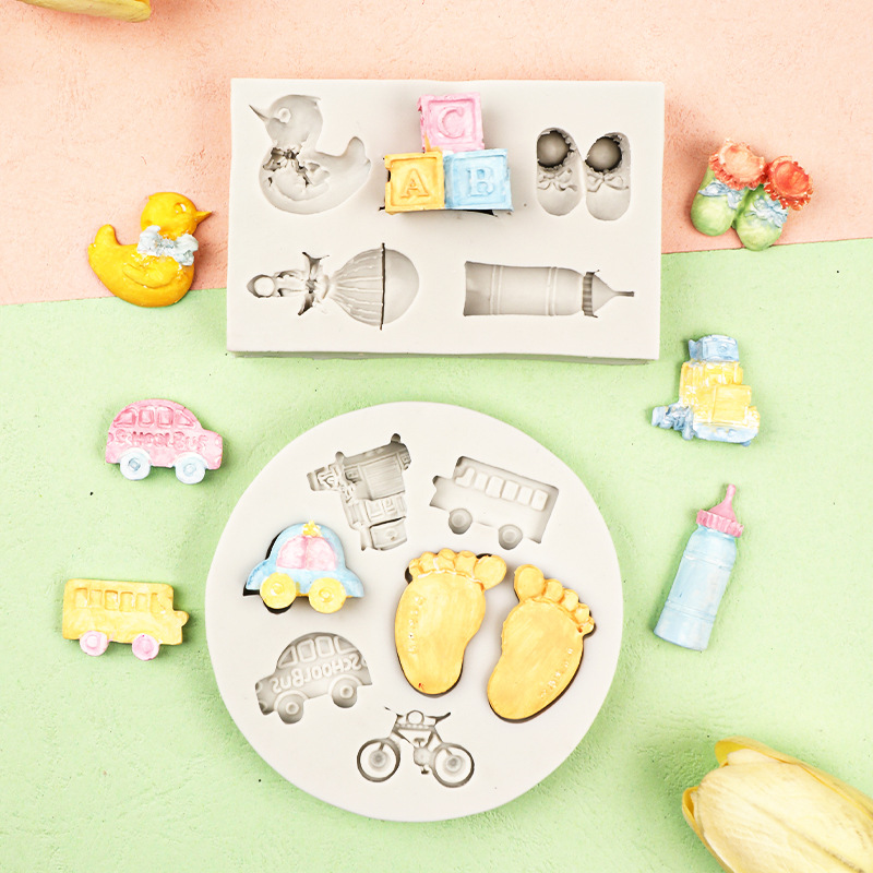 Coche bicicleta pie alimentación botella carta patrón silicona molde pastel hornear bebé juguete serie silicona molde