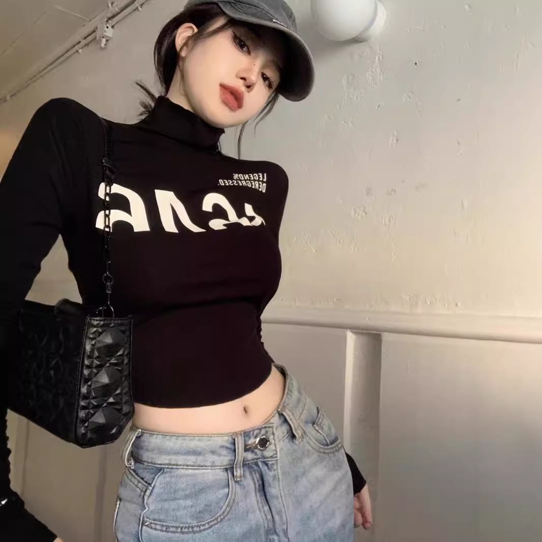 봄과 가을 미국의 순수한 욕망 스파이스 소녀 블랙 짧은 긴팔 티셔츠 여성용 편지 인쇄 높은 목베이스 셔츠 타이트 탑