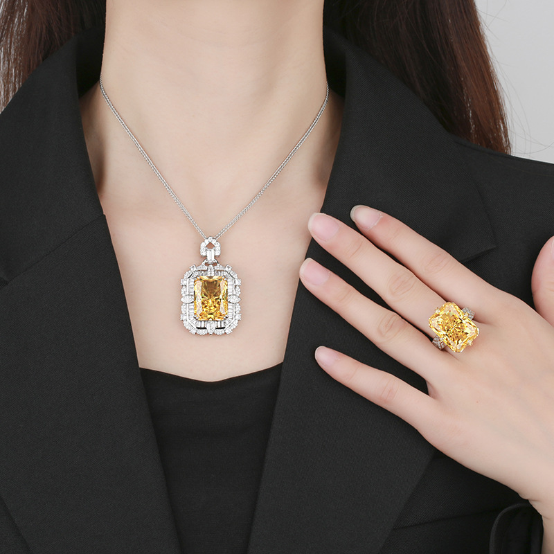 Otoño e invierno nuevo estilo Zhuangsheng conjunto de joyas Reden corte de diamante amarillo conjunto de colgante piedra principal 15*20 al por mayor