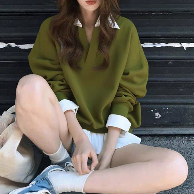 早秋小个子韩系上衣美式复古慵懒chic多巴胺绿色V领假两件卫衣女|undefined