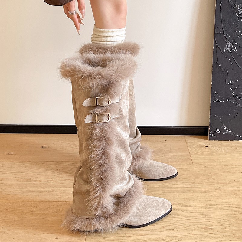 Cross-border suede pointed-toe snow boots for women, 2026 autumn/winter new collection, thickened and warm, with a plush lining and long shaft