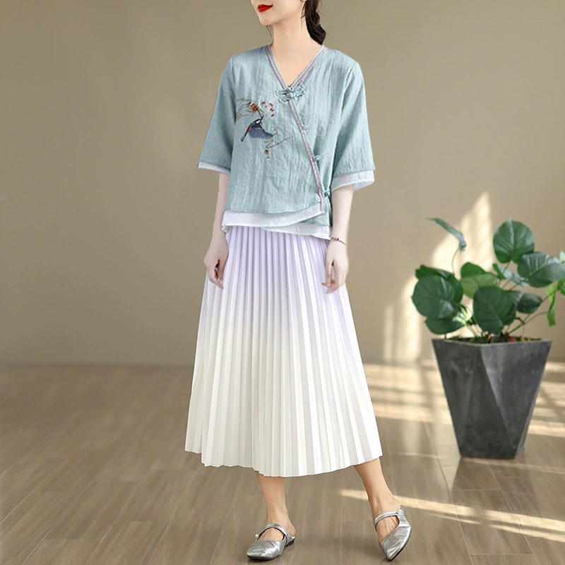 Летний костюм в китайском стиле ретро 2025 года, улучшенный тан-костюм с вышивкой пуговицами, юбка, национальный тренд, модный чайный костюм, комплект из двух предметов