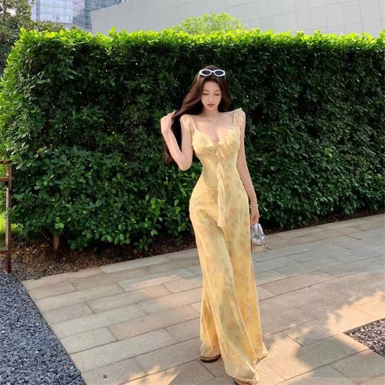 女性用イエロープリントサスペンダードレス、夏のフレンチフリルスカート、ウエストを細くする、妖精のようなロングスカート|undefined