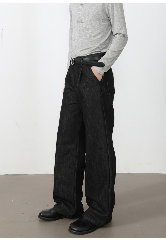 Quần jean nam ống rộng lưng trung, phom suông thoải mái, vải denim phối lụa sợi tổng hợp xếp li nhẹ — Cao bồi xanh, Cao bồi đen, Màu cà phê đậm chi tiết 15