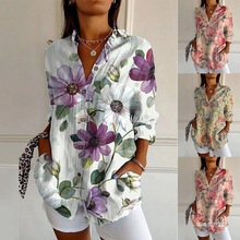 2025亚马逊春季新款翻领中袖休闲衬衫 女装创意复古碎花花卉衬衫