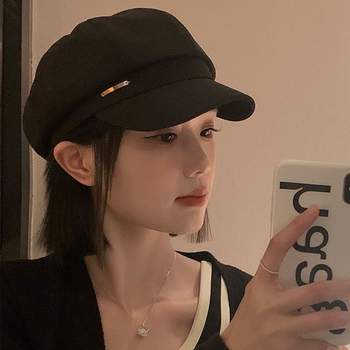 Black beret for women in autumn and winter ins internet celebrity versatile hat Japanese style big head circumference showing face small octagonal painter hat