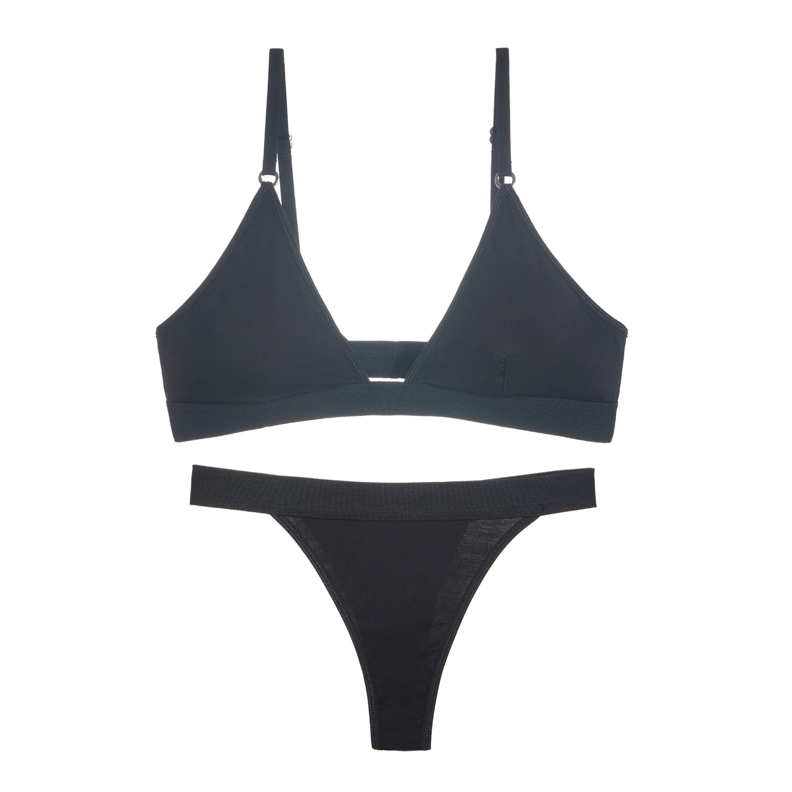 Completo intimo da donna nero in fibra di bambù, composto da reggiseno e slip, semplice e comodo, a due pezzi con triangolo in tinta unita._voghion.com