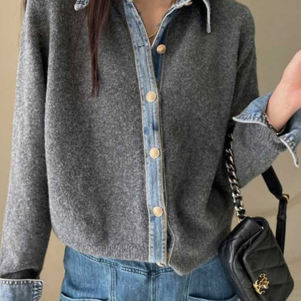 Korean Style Autumn and Winter 2026 New Fashion Knitted Cardigan with Denim Patchwork, Slimming and Lazy Style Women's Sweater Coat Trend