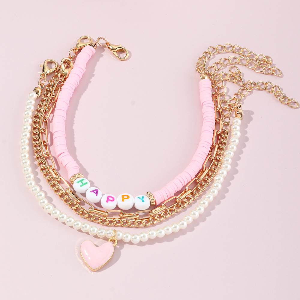 Fashion Pink Heart Pearl Letters Polymer Clay Anklet Foot Ornaments Four-piece Set display picture 4