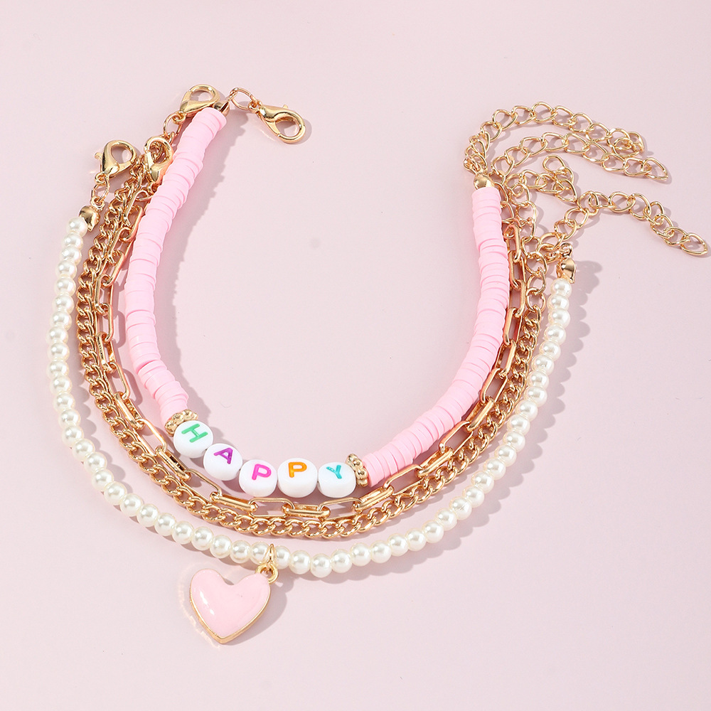 Fashion Pink Heart Pearl Letters Polymer Clay Anklet Foot Ornaments Four-Piece Set