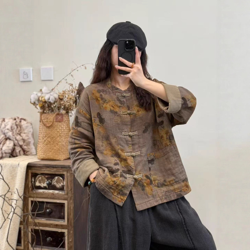 复古文艺斜纹棉双层纱印花长袖外套2025年秋款宽松立领盘扣女上衣|undefined