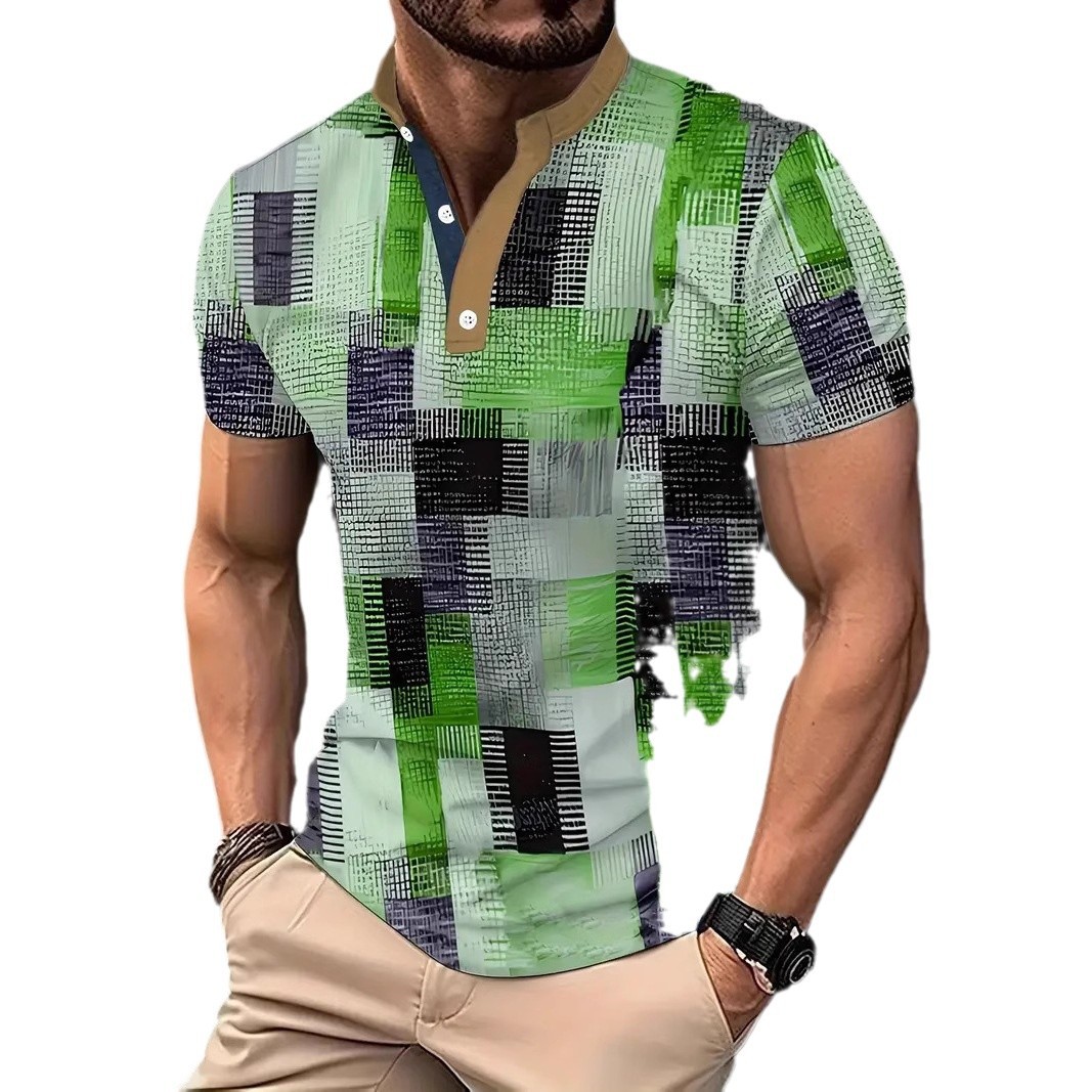 Nuevo estilo transfronterizo de verano 3d geométrico cubo estampado cuello alto botón de manga corta polo playa casual ME13