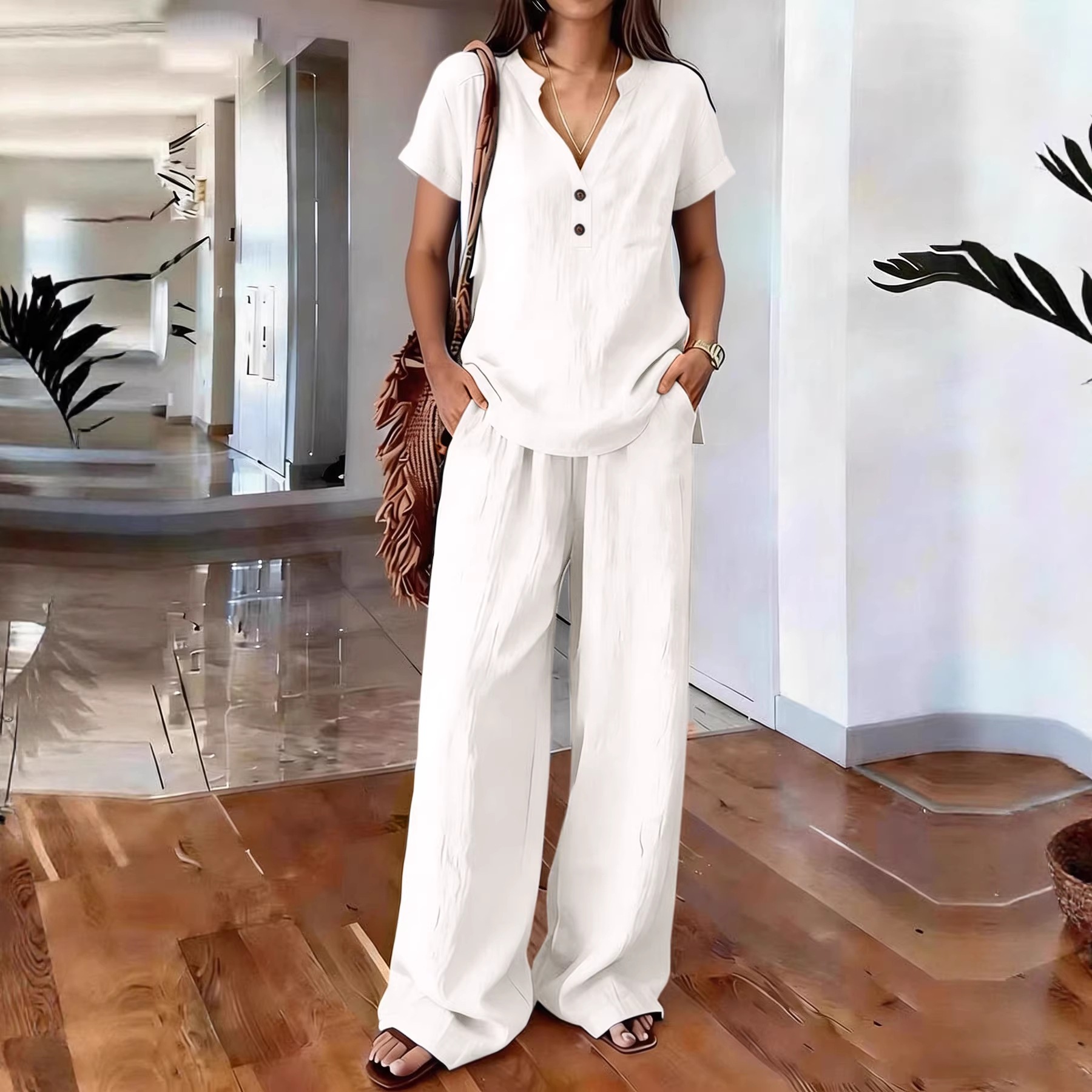 Women's Clothing Women's Casual Cotton Linen Top And Wide Leg Pants Set V Neck Button Up Old Money Style Solid Color_ecoleips.com