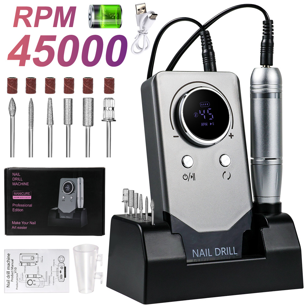 Nueva amolador de uñas de almacenamiento eléctrico de 45000 rpm con base portátil herramienta de pulido de uñas profesional