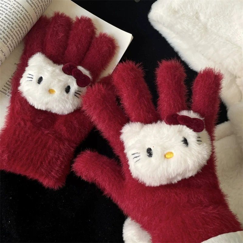 Зимние перчатки (Hello Kitty), искусственный кроличий мех, рождественский уютный красный, сенсорное управление