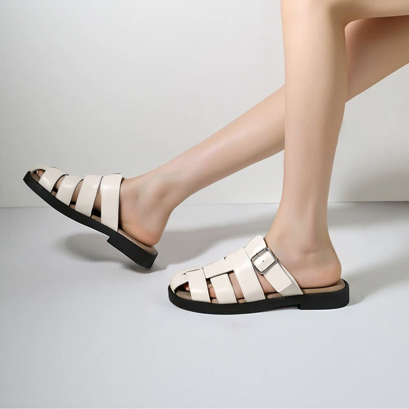 Тот же стиль Су Ийинь, супермягкий ~ Скрытые плетеные плоские римские сандалии из натуральной кожи для женщин, летние тапочки в виде свиной клетки.