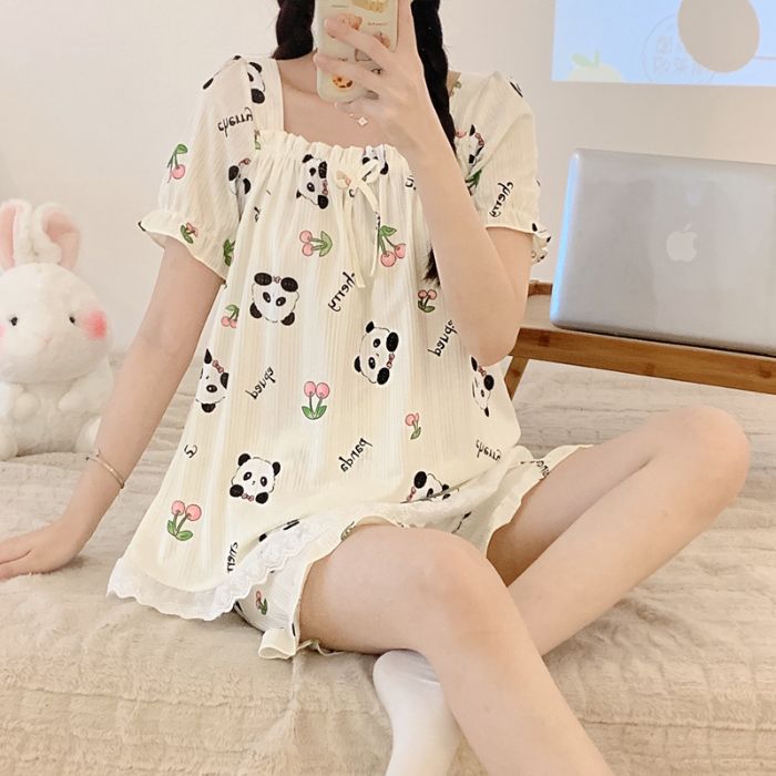 Tronos de algodón de imitación de verano al por mayor transfronterizos, pantalones cortos de manga corta con cuello de una línea, pijamas, tumba de princesa femenina, traje de dibujos animados, servicio a domicilio