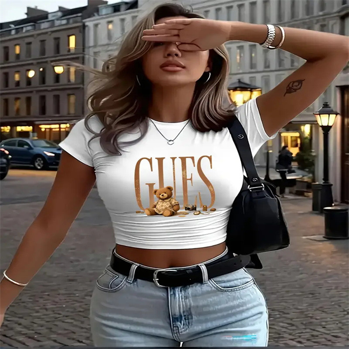 Casual Women's Cropped Printed T-Shirt round Neck Loose Fit Short Sleeve plus Size European American Style Top_ecoleips.com