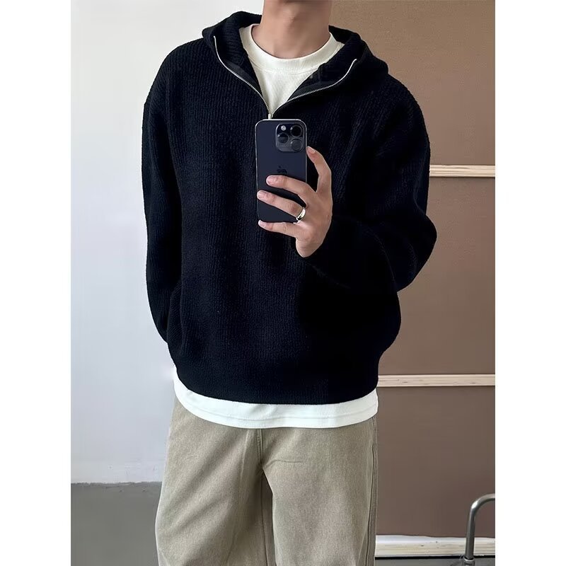 Autumn knitted sweater with zipper with hood