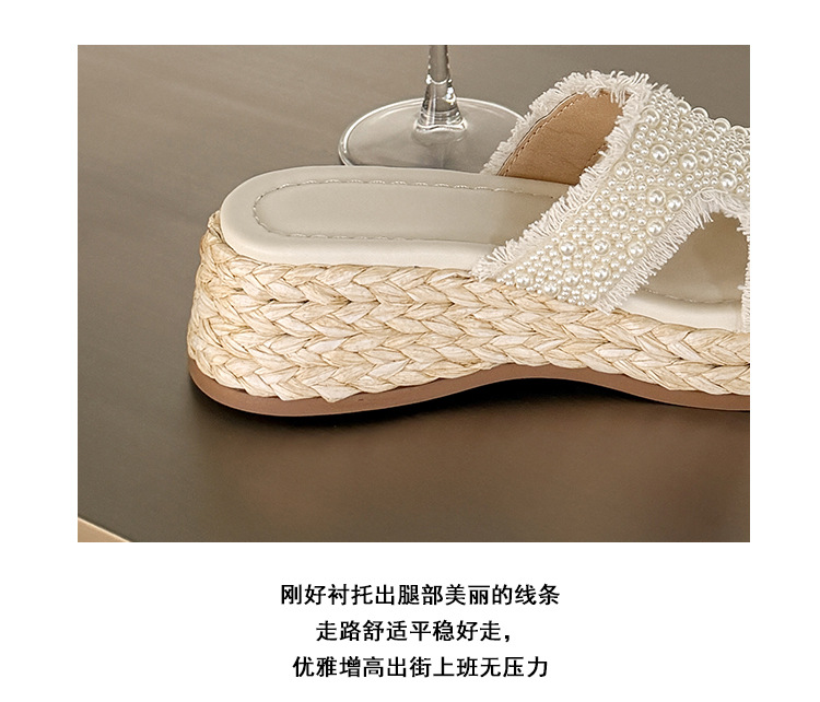 Dép sandal xỏ ngón nữ đế bệt cao 5 cm phong cách Pháp đính ngọc trai và đá — màu trắng ngà, màu mơ chi tiết 7