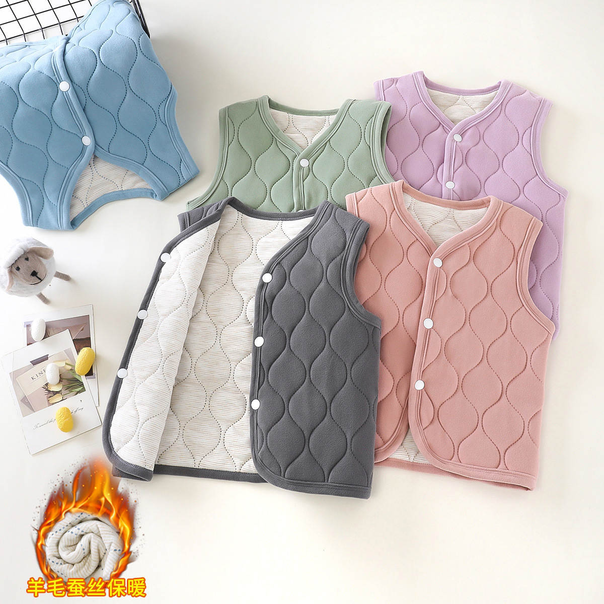 Children's warm vest, school uniform essential, three-layer quilted inner lining, boys' autumn and winter thickened coat, wool and silk.