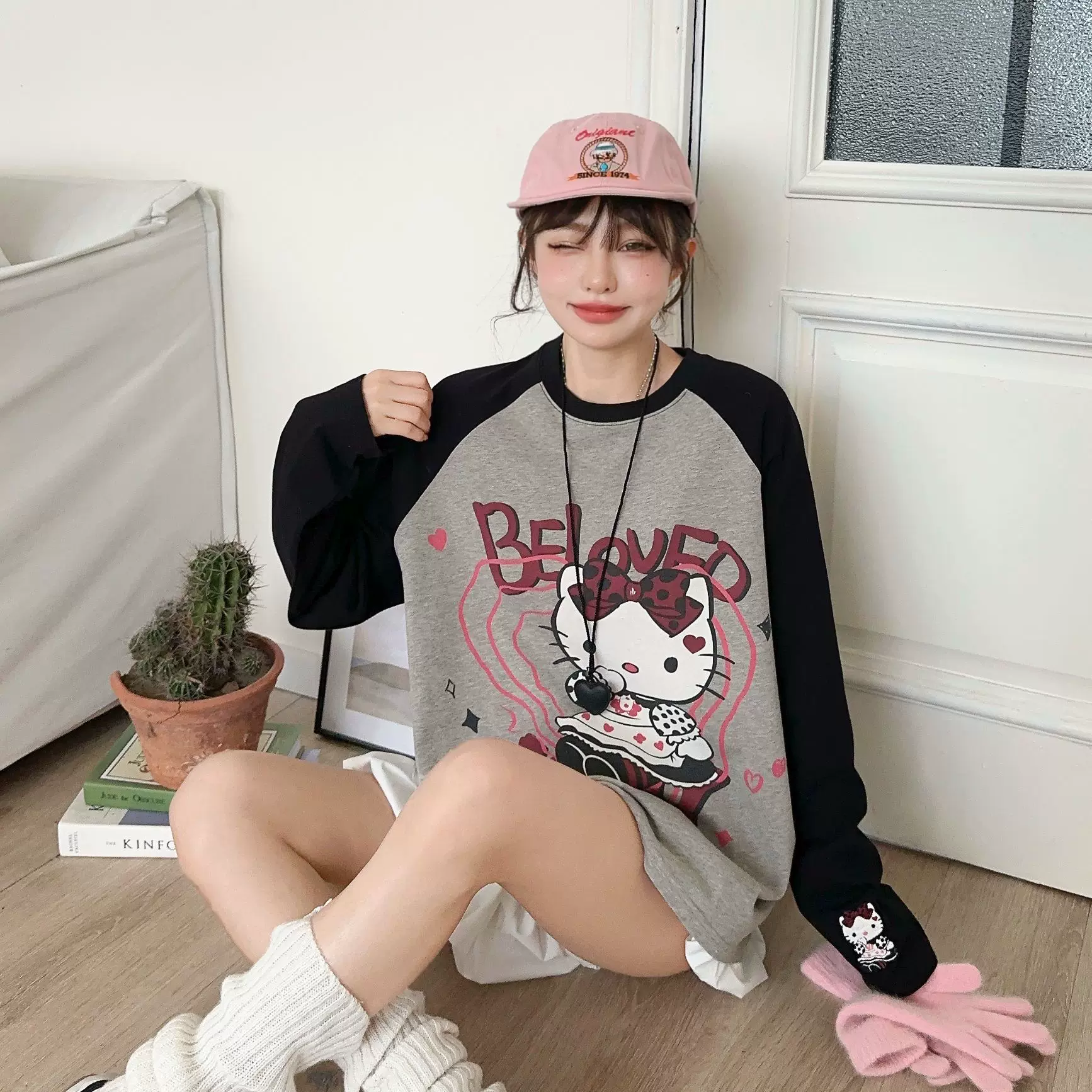 撞色拼接长袖kitty纸袋秋季新款韩版休闲百搭女装