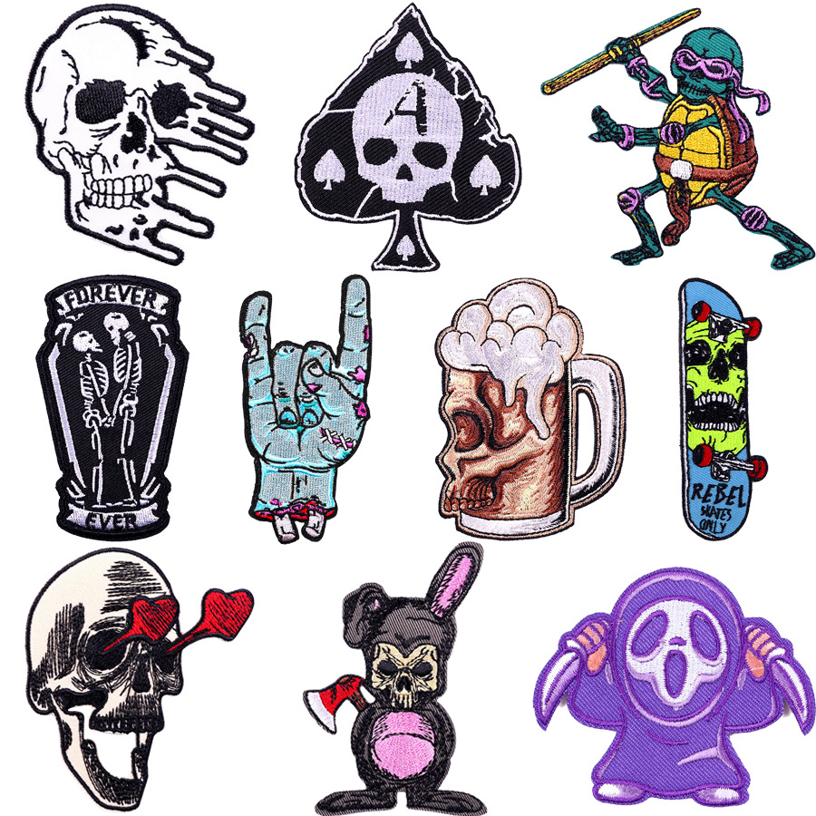 厂家直销欧美骷髅电脑绣花标啤酒补丁贴朋克服装辅料高端刺绣布贴
