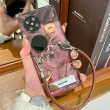 适用华为pocket 2手机壳大理石纹pocketS 折叠屏双头皮绳女保护套