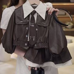 女童新款皮衣套装2025洋气儿童休闲夹克外套百褶裙爆款时尚两件套