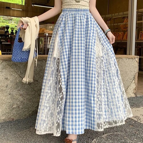 Korean Sweet Lace Patchwork Red Check Semi-Body Skirt 2025 Spring New College Style Full-Skirted A-Line Dress