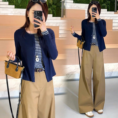 假两件针织衫新款秋季女韩版开衫装撞色条纹设计感百搭长袖上衣女