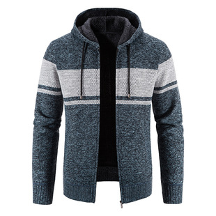 2022 autumn and winter new men's hooded fleece-lined thickened sweater knitted cardigan coat color matching men's sweater fashion