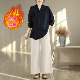 新中式加绒加厚上衣女秋季棉麻长袖开衫衬衫禅修居士服茶服套装